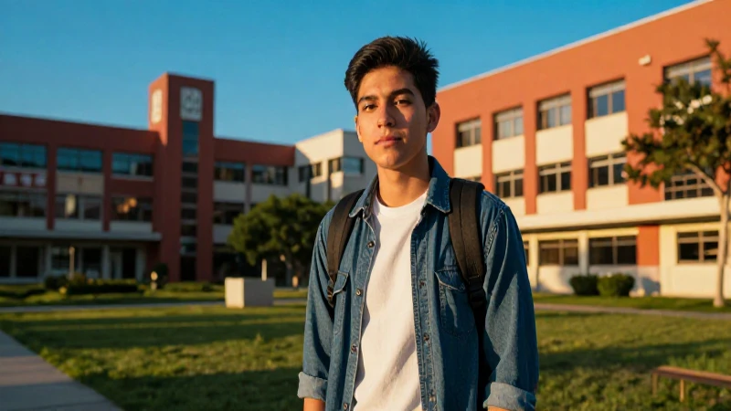 Estudiante mexicano vibrante en campus moderno al atardecer