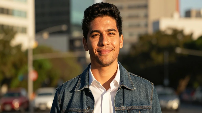 Joven mexicano confiado en atardecer urbano