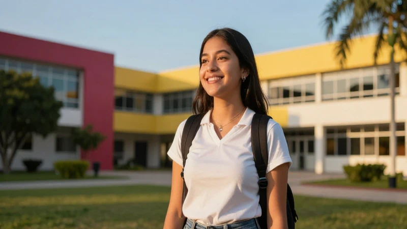 Estudiante mexicano en campus vibrante al atardecer