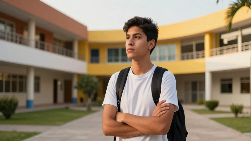 Joven estudiante mexicano en campus moderno