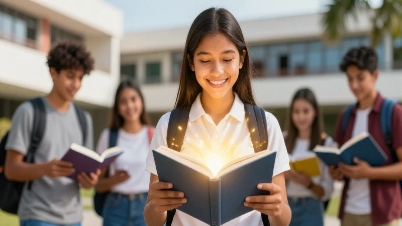 Estudiante mexicano sonriente con libro y luz