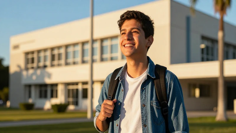 Estudiante mexicano exitoso en campus moderno