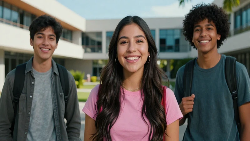 Estudiante sonríe en vibrante campus universitario