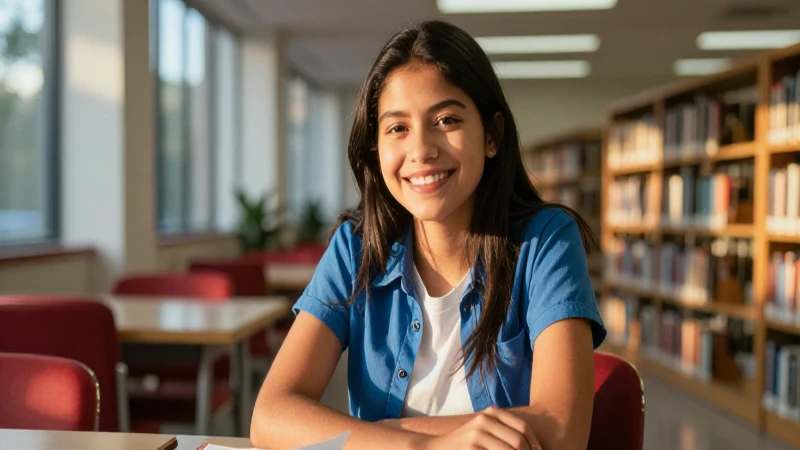 Estudiante mexicano sonriente en biblioteca moderna