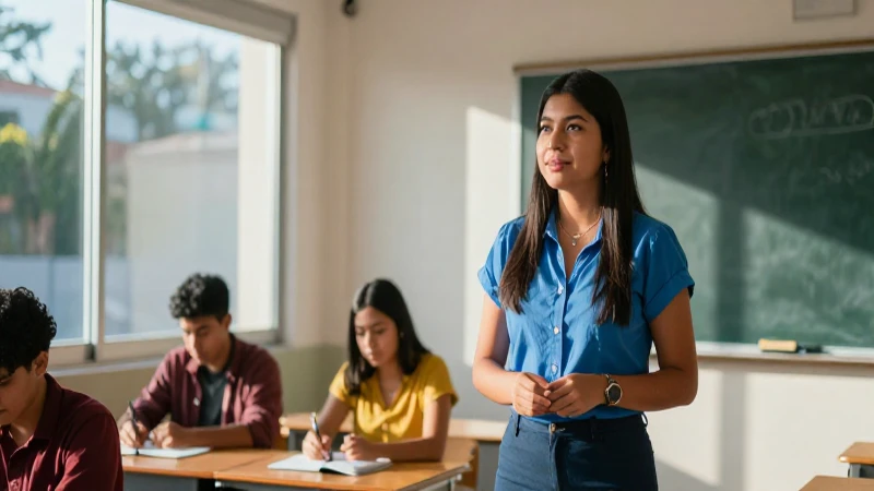 Maestra mexicana soñadora en clase moderna