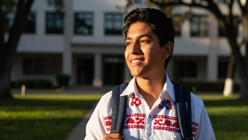 Estudiante mexicana sonriente en campus con iluminación dramática