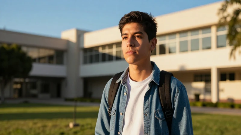 Estudiante mexicano en campus moderno con luz dorada