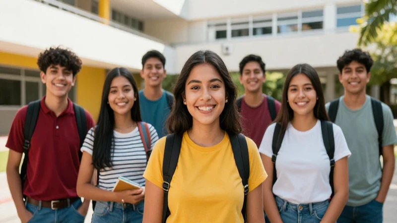 Estudiantes mexicanos sonrientes en moderno campus luminoso