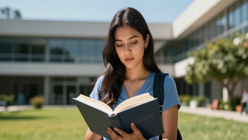 Joven mexicana estudia en campus universitario moderno