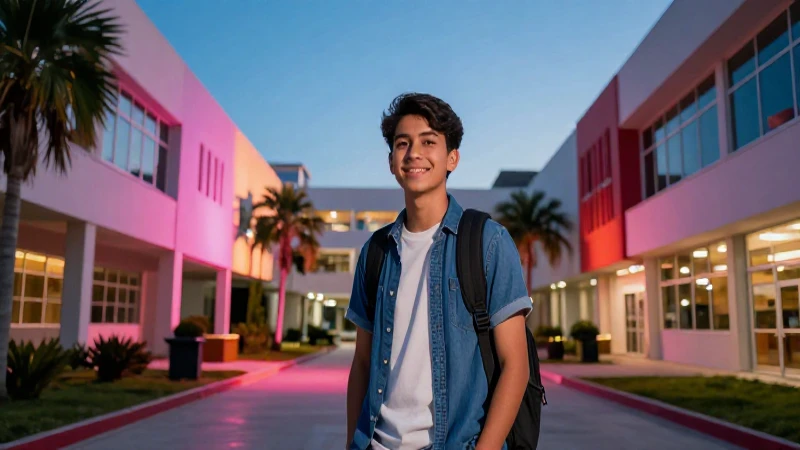 Estudiante mexicano exitoso en campus moderno