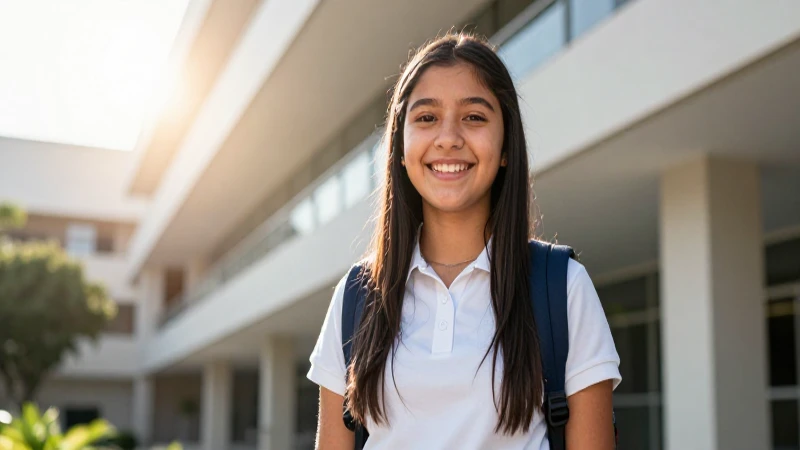 Joven sonriente en universidad moderna vibrante