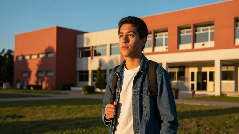 Joven mexicana en campus moderno con luz dorada