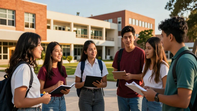 Estudiantes mexicanos colaboran en un campus vibrante al atardecer