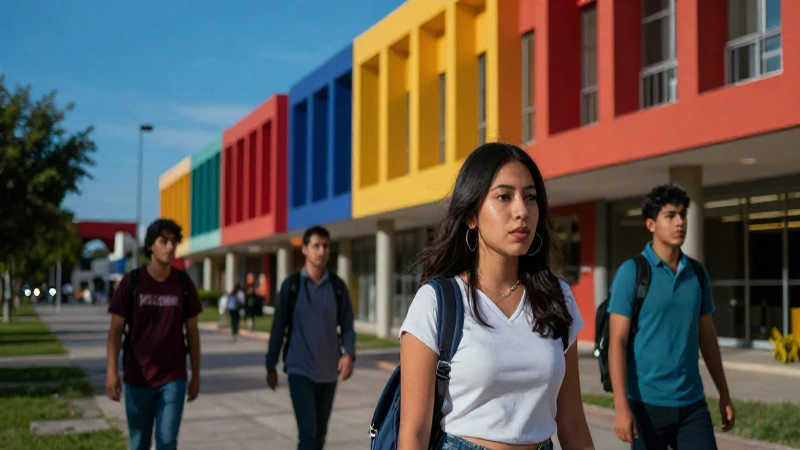 Estudiantes universitarios mexicanos en un campus moderno vibrante