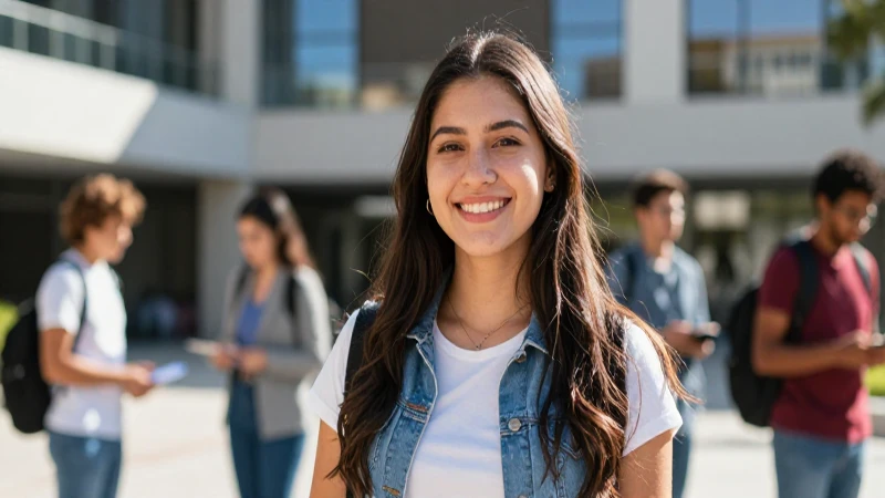 Estudiante mexicana sonriente en campus universitario moderno