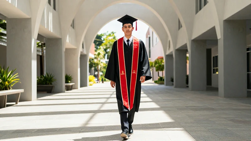 Graduado mexicano en toga en moderno campus