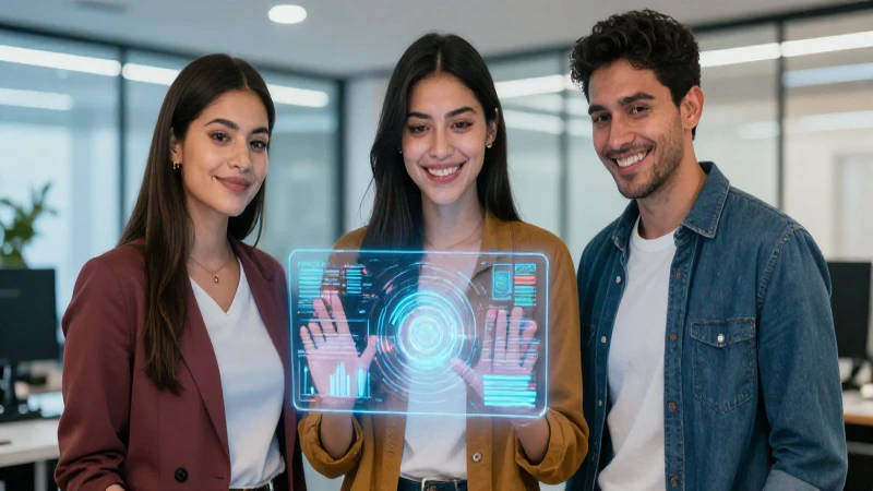 Joven mexicano sonriente con proyección holográfica en oficina
