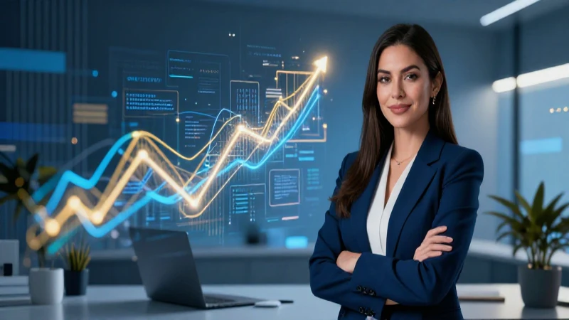 Mujer profesional, espacio minimalista, crecimiento financiero digital