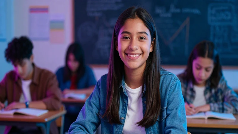 Joven mexicano sonriente en un aula moderna