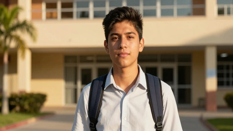 Estudiante mexicano brillante bajo sol dorado