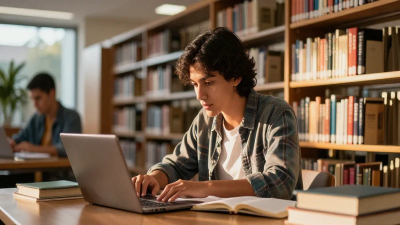 Estudiante mexicano concentrado en biblioteca