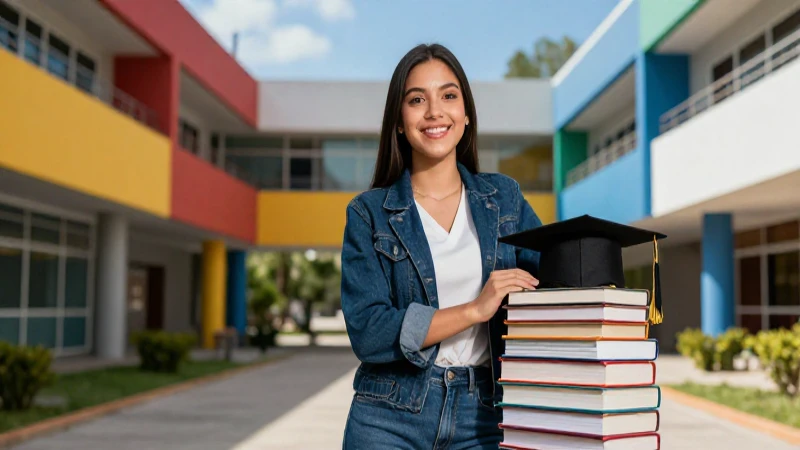 Estudiante sonriente en campus vibrante con libros
