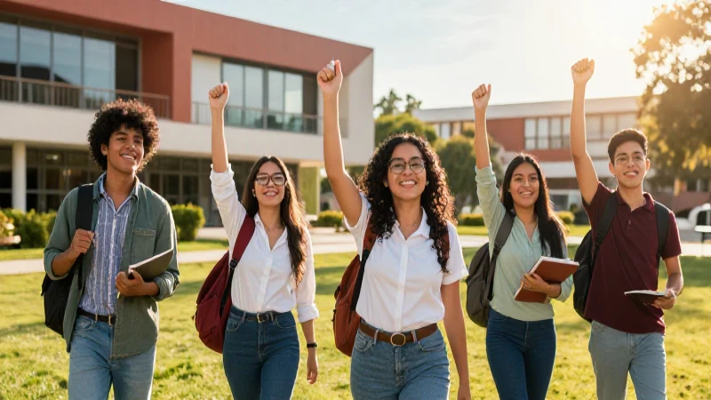 Estudiantes mexicanos celebrando éxito en campus vibrante