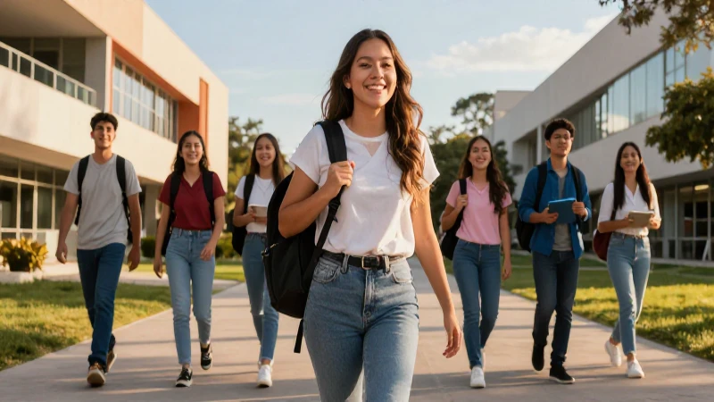 Estudiantes sonrientes en campus moderno al atardecer