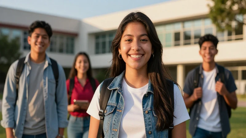 Estudiante feliz en campus universitario al atardecer