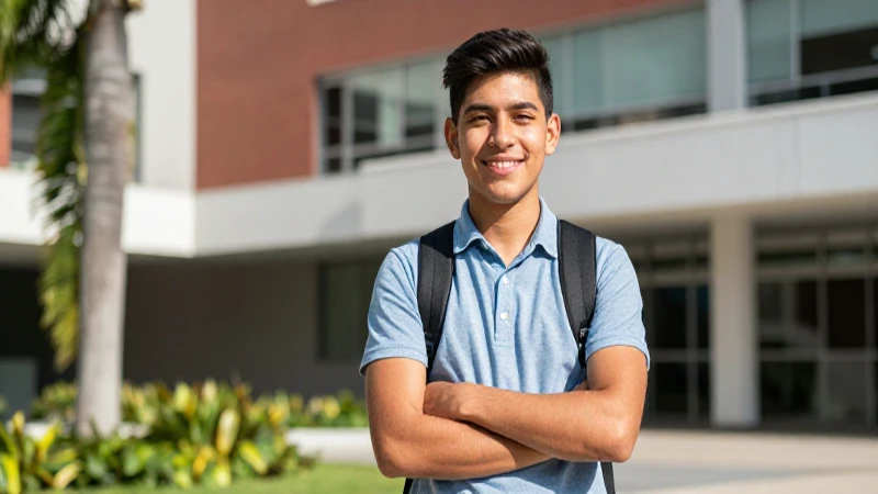 Joven estudiante mexicano radiante en campus moderno