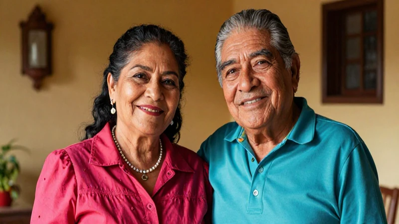 Pareja de ancianos mexicanos sonriendo en casa