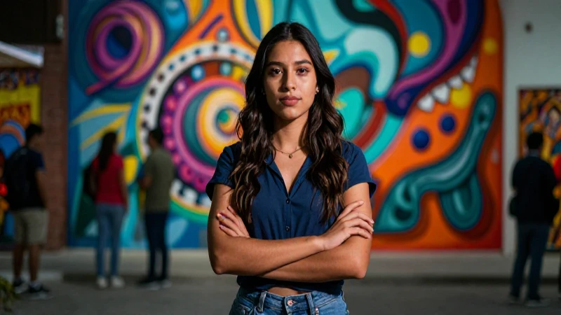 Mujer mexicana moderna frente a arte vibrante