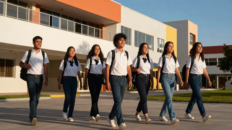 Estudiantes mexicanos alegres en un campus moderno y vibrante
