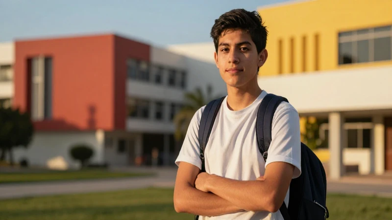 Joven mexicano, campus, luz dorada, estilo cinematográfico