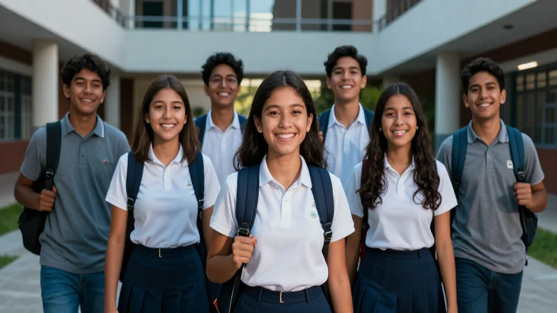 Estudiantes mexicanos alegres y exitosos en campus moderno