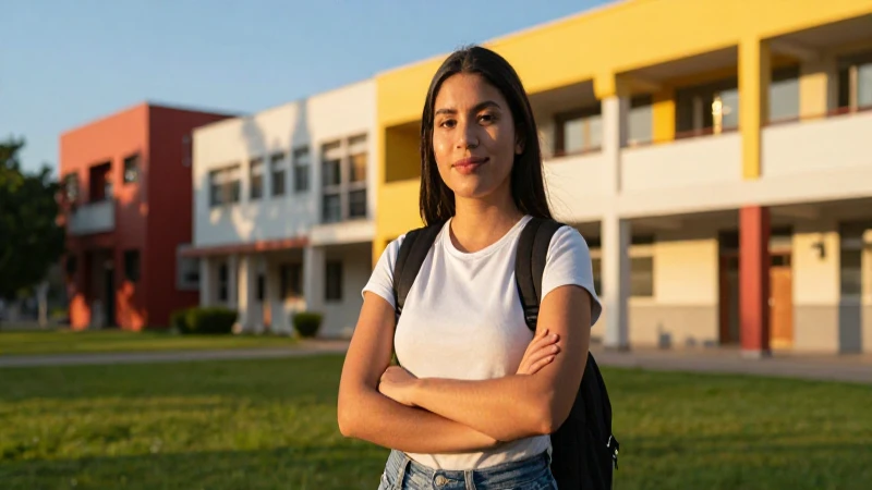 Estudiante mexicana en campus moderno y dorado