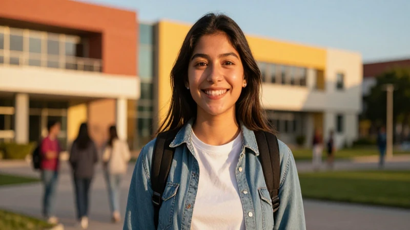 Joven mexicano sonríe en campus moderno al atardecer