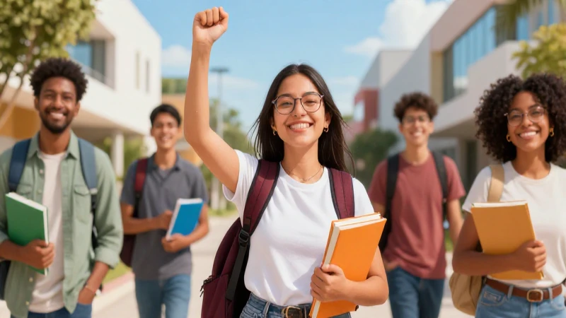 Estudiante mexicano victorioso en campus moderno