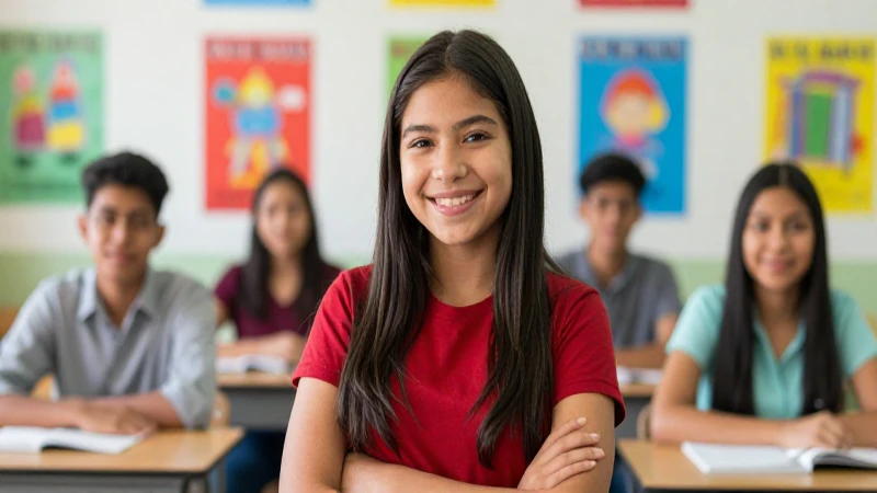Estudiante mexicano sonriente en aula moderna