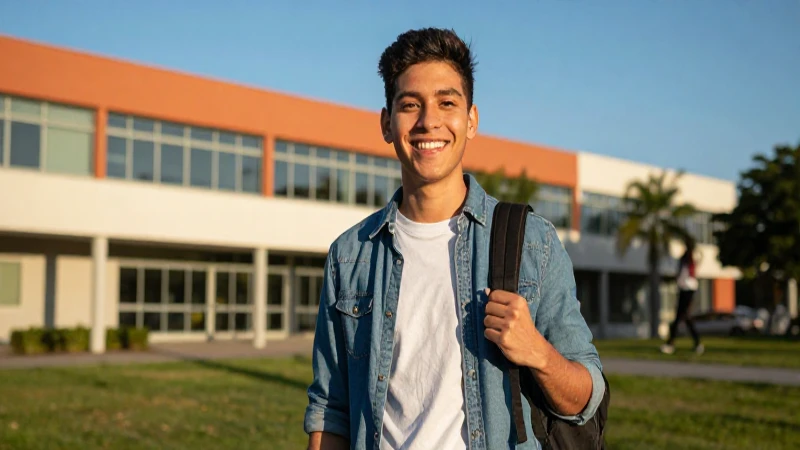 Estudiante mexicano sonriente en campus moderno