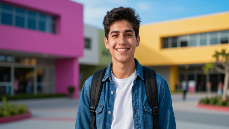 Joven mexicano sonriente en campus moderno