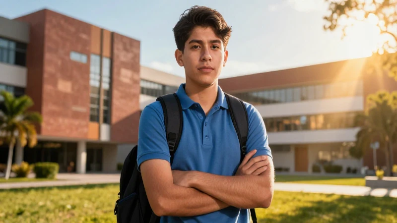 Estudiante mexicano en campus, estilo cinematográfico fotorrealista
