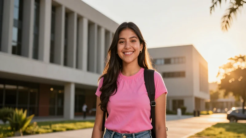 Estudiante mexicana sonriente en campus moderno