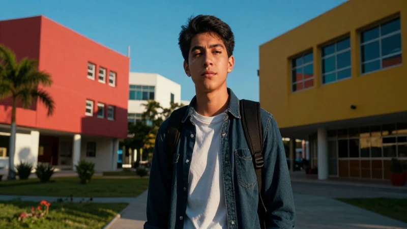 Estudiante mexicano en campus moderno y vibrante
