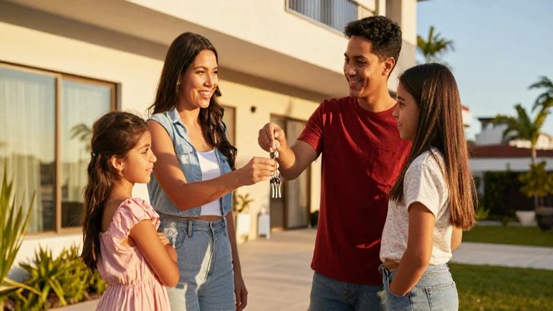 Familia mexicana recibe llaves de apartamento moderno y brillante