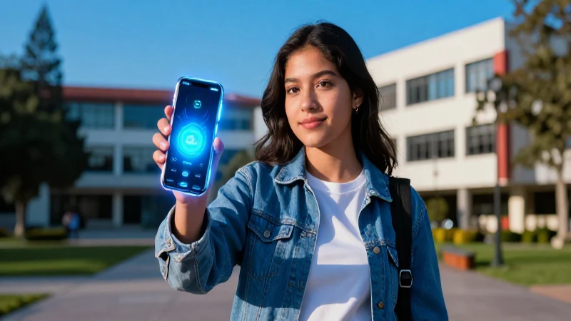 Estudiante mexicano con dispositivo futurista en el campus