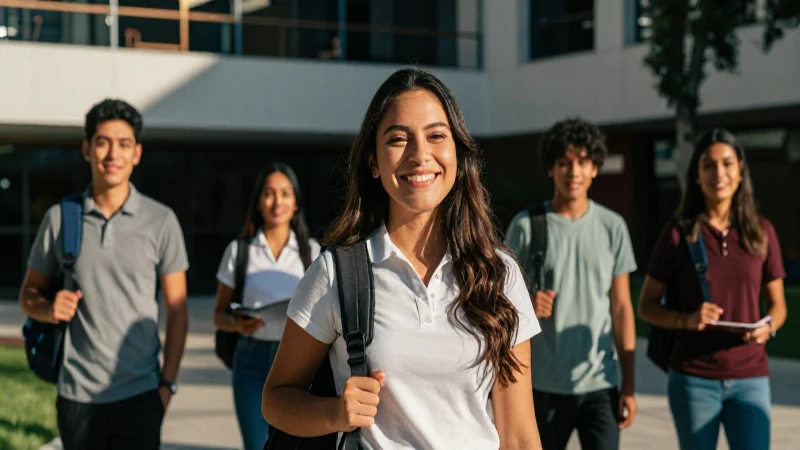 Estudiante sonriendo en campus vibrante y moderno