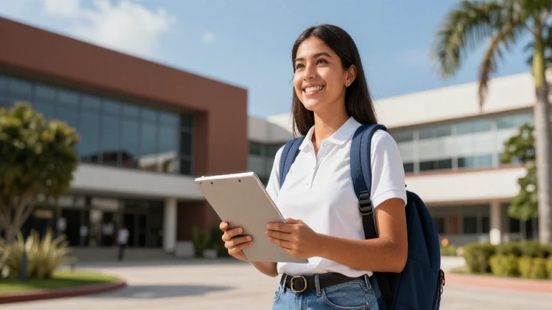 Estudiante mexicano vibrante en moderno campus universitario