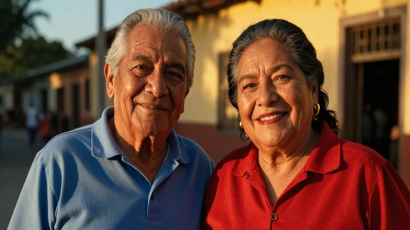 Pareja mayor mexicana sonriendo al atardecer