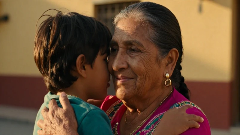 Abuela mexicana sonríe en abrazo cálido con nieto
